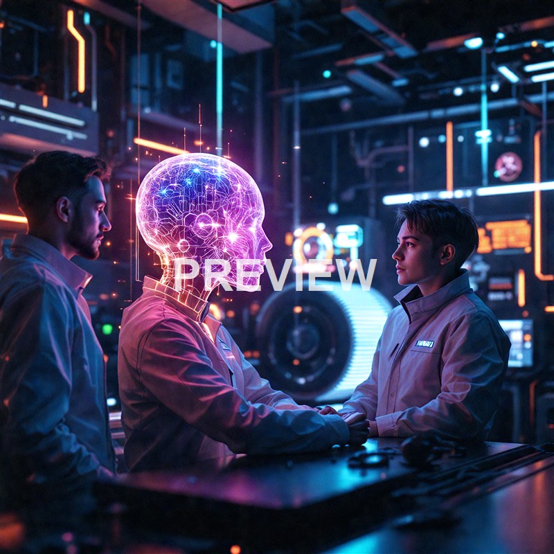 Two individuals in a high-tech laboratory hold hands while facing a holographic digital brain projected between them, with a futuristic, neon-lit background.